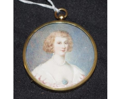 Antique handpainted portrait miniature portrait of a Lady in period dress, in an early brass frame, (height 7cm X width 6cm a