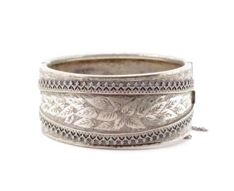 Victorian silver plate bangle engraved with floral decoration. and applied wire work. approx inside width 58mm