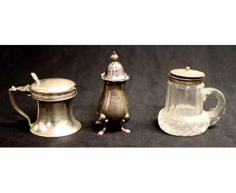 Three various pieces vintage silver tableware including pepperette, Birmingham 1955; condiment jug, silver lid, to crystal ba
