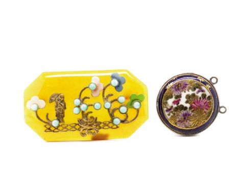 Antique Japanese brooch and buckle the brooch has applied gilt metal natural scene with enamel work in the Maki-e style.