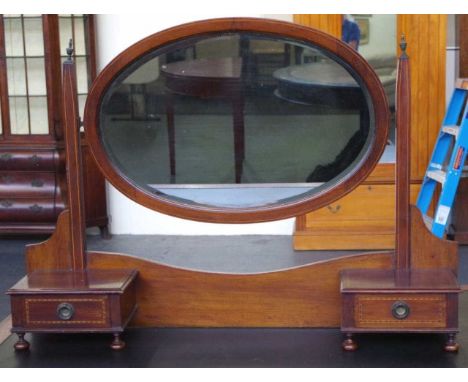 Antique Sheraton Revival dressing table mirror with oval frame and 2 trinket drawers, later wall mounts to back, 98cm wide, 1