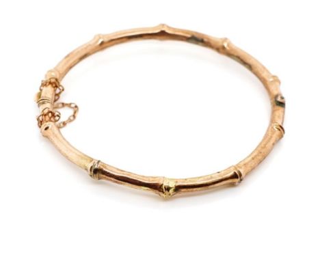 Edwardian 9ct rose gold bamboo bangle marked Birmingham 1904 S&amp;P. Approx weight 7 grams inside width 55mm. Repairs to int