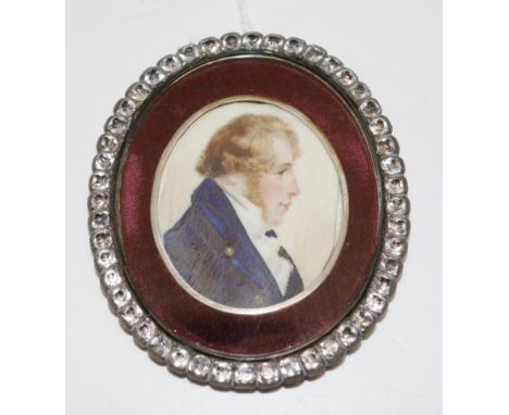Georgian handpainted portrait miniature portrait of a gentleman, in ornate paste and velvet oval frame, height 9cm X width 7.