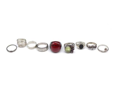 Nine silver rings includes a jasper and tourmaline set examples. Approx ring sizes E-O