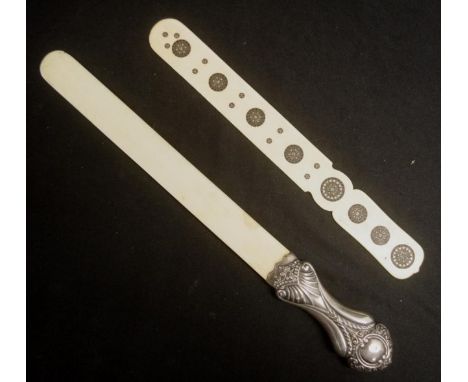 Antique silver handled ivory page turner embossed decoration to handle, with ivory blade, (length 36cm approx); and another v