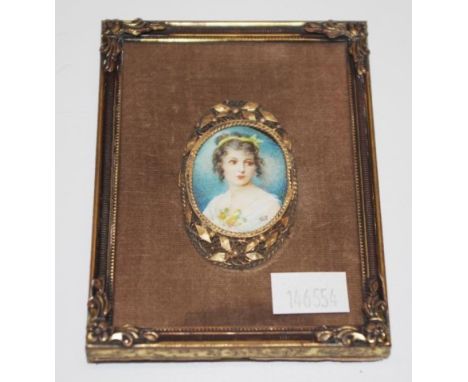 Antique handpainted portrait miniature portrait of a Lady in period dress, in an early ornate brass frame, (height 10.5cm X w