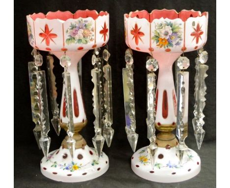 Pair of antique Bohemian ruby glass lustres both with cased white glass and floral decoration and eight hanging lustres, heig