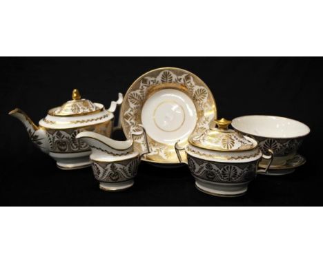 Regency Anthemion patterned tea set white porcelain, heavily hand gilded, consisting of teapot (some restoration) and stand, 