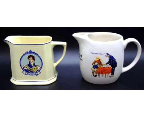 Two Wade scotch whisky advertising jugs both decorated with varied King George IV, height 12cm approx