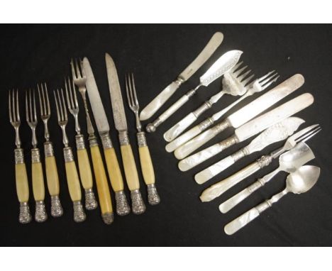 Quantity vintage cutlery including fruit knives fruit knives and forks, and serving cutlery, some with pearl type handles, so