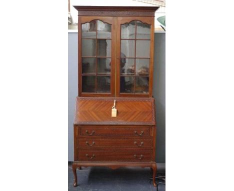 Vintage bureau bookcase with panelled glass doors above a bureau desk with fitted interior and external drawers, 96cm wide, 2