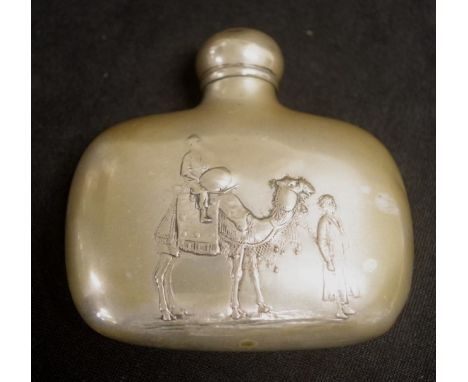 Silver plate whisky hip flask embossed Middle Eastern camel decoration, (height 8cm).