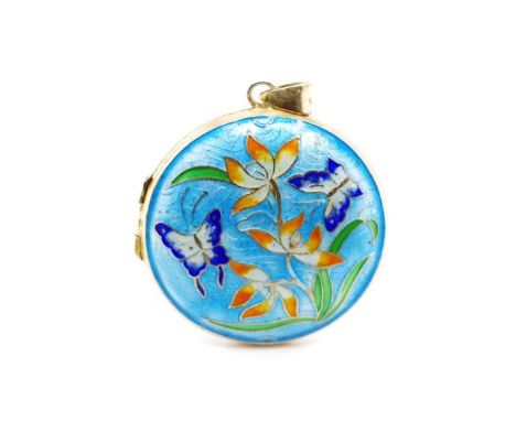 Vintage Cloisonne and silver gilt locket decorated with butterflies and flowers. Approx diameter 31mm