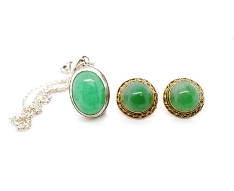 Jade set silver earrings and pendant vintage earrings with jade cabochon marked silver gilt settings, as well as a modern pen