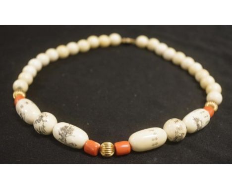 Good Chinese ivory &amp; coral necklace comprising ivory beads, some with hand engraved decoration, and 4 cylindrical coral b