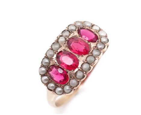 Georgian rose gold and four stone ring unmarked. Set with seed pearls, and red glass. Approx weight 2.2 grams, ring size Q