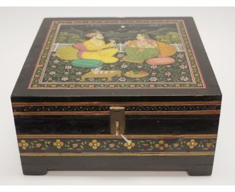 Vintage painted Indian wooden box 28cm length, 28cm depth approx
