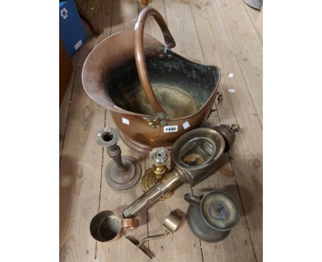 A quantity of metalware including 18th Century cast brass candlestick, copper coal scuttle, brass carriage lamp, etc.