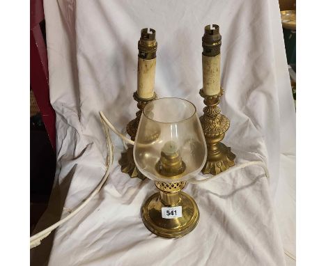 A pair of small decorative gold candlestick style lamps - sold with a small brass Mason candle lamp