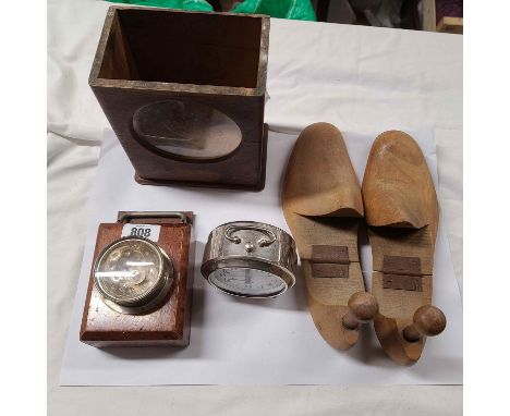 An old wooden mounted officer's hand lamp - sold with a pair of wooden shoe trees, a JAZ alarm clock and a clock case a/f
