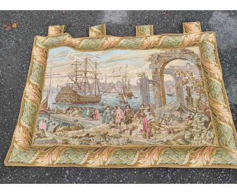 A modern Belgium style machine tapestry wall hanging, depicting a Venetian harbour scene with moored sailing vessels and figu