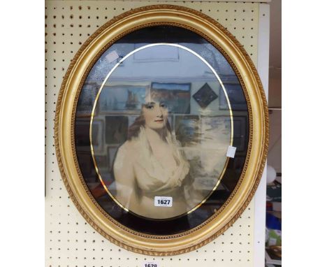 A gilt oval framed coloured portrait print with vere eglomise border