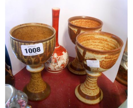Three David Lloyd Jones Studio Pottery goblets with painted decoration - sold with a Japanese Kutani porcelain bottle vase