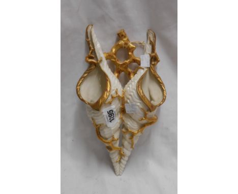 A 19th Century Royal Worcester porcelain wall pocket of double shell form with gilt decoration on an ivory ground - impressed
