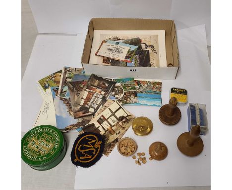 A box containing a small quantity of collectable items including a small lidded box containing a miniature wooden tea set, so