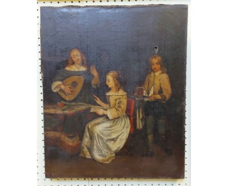 An unframed stretchered late 18th Century oil on canvas, depicting three young figures in an interior, one conducting music t