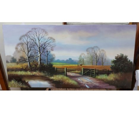 A modern unframed stretchered panoramic oil on canvas, depicting a landscape with gate and stream - indistinctly signed