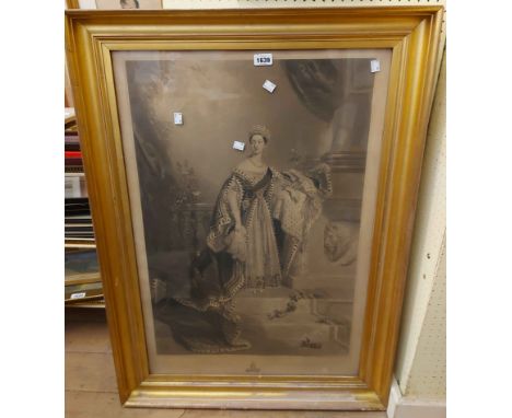 A gilt framed large format monochrome portrait print entitled 'Her Majesty Queen Victoria' - later written engraver's details