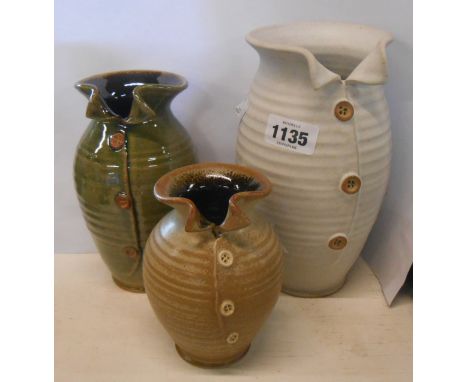 Three Studio Pottery vases with 'Button Up' effect decoration