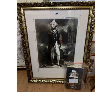 A gilt framed large format monochrome portrait print of Admiral Lord Horatio Nelson - sold with a copy of Nelson: A Personal 