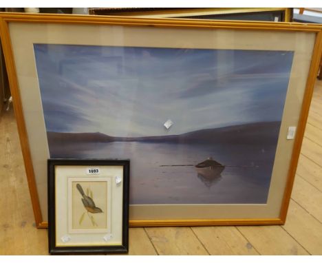 A framed small format coloured etching, depicting a bird - sold with a large framed print