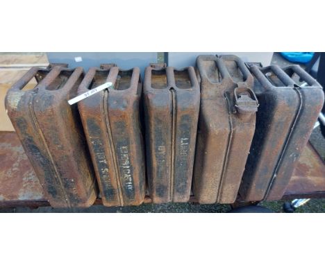 Five Second World War period Jerry cans - all with 1944/45 War Department broad arrow stamps, some with 'Shell' stencils