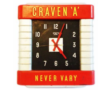 A vintage painted Bakelite cased Craven A 'Never Vary' cigarette advertising wall timepiece with Smiths Sectric electric move