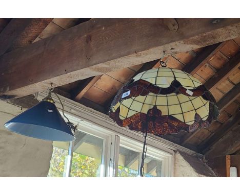 A Tiffany style ceiling lamp shade - sold with a blue glass conical lamp shade - both with chain suspender fittings