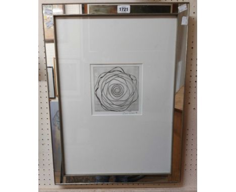Owen Ward; a mirrored framed monochrome etching depicting an abstract spiral - signed and dated 98