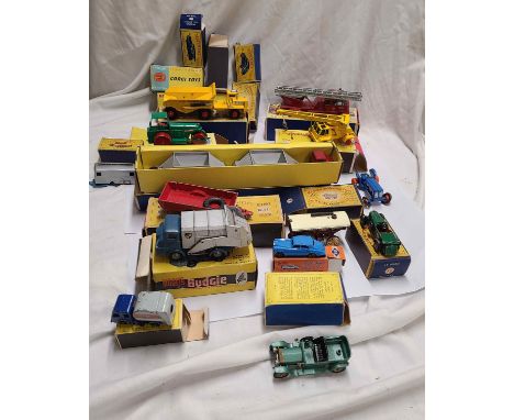 A box containing a quantity of Matchbox and other diecast toys including Fordson Major tractor and trailer, Fruehauf Hopper T