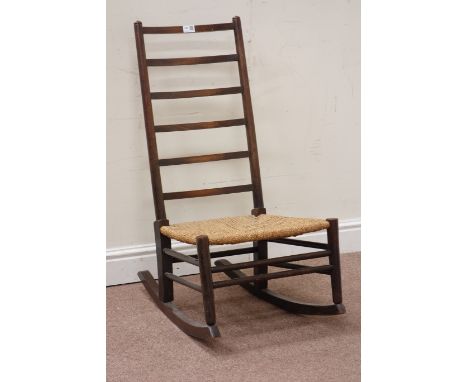 20th century country ladder back rocking chair with rush seat Condition Report Click here for further images, condition, auct