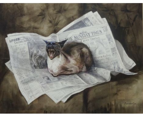 'Lazy Sunday' cat portrait, watercolour signed by Marianne Cox 37.5cm x 48.5cm Condition Report Click here for further images