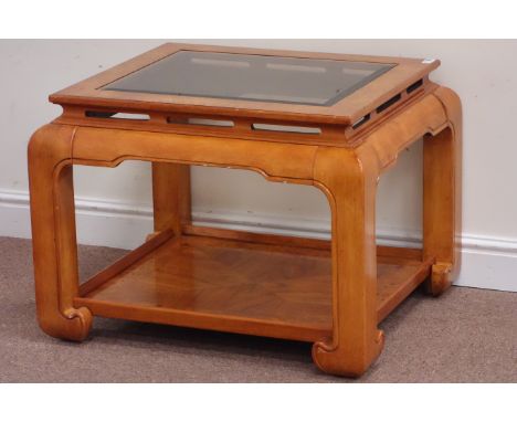 Chinese style pollard oak glass top lamp table with undertier, 73cm x 64cm, H54cm Condition Report Click here for further ima