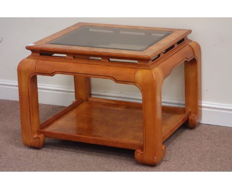 Chinese style pollard oak glass top lamp table with undertier, 73cm x 64cm, H54cm Condition Report Click here for further ima