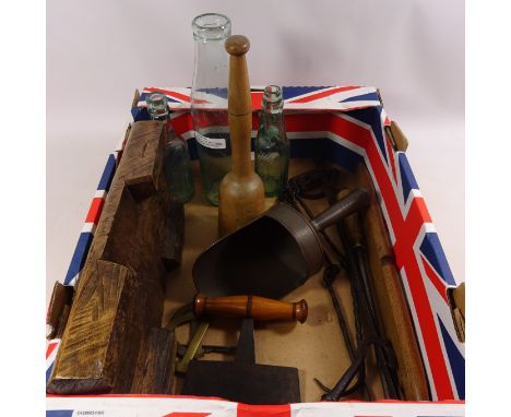 A collection of rustic items including a balance scale a tin scoop a chopper pestle three glass bottles in one box  Condition