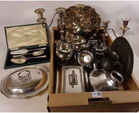 Silver plated entree dishes, salver, candelabra's, pewter, tea pots, Wilson & Sharp serving set and other silver plate in one