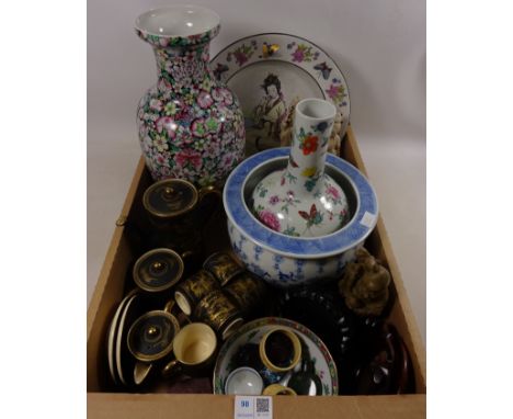 20th Century Chinese polychrome bottle vase with signature panel, Chinese scent bottles, Satsuma tea set and other oriental t