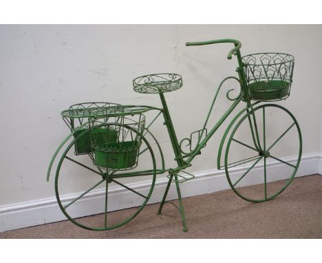 Wrought metal bicycle planter finished in antique green, W142cm, H82cm Condition Report Click here for further images, condit