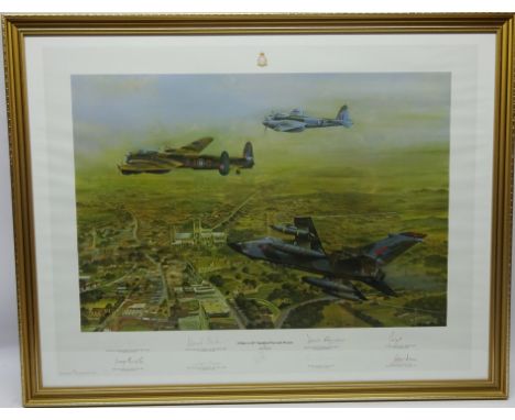 Tribute to 617 Squadron Past and Present, ltd.ed colour print after John Petit, signed by artist and eight other RAF officers