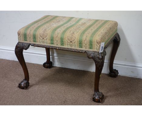 Georgian style walnut rectangular stool, carved ball and claw feet, upholstered in Regency stripe fabric Condition Report Cli
